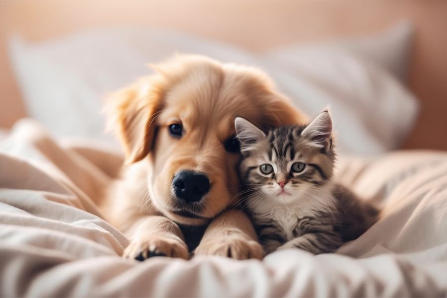 Puppy cuddling with a kitten